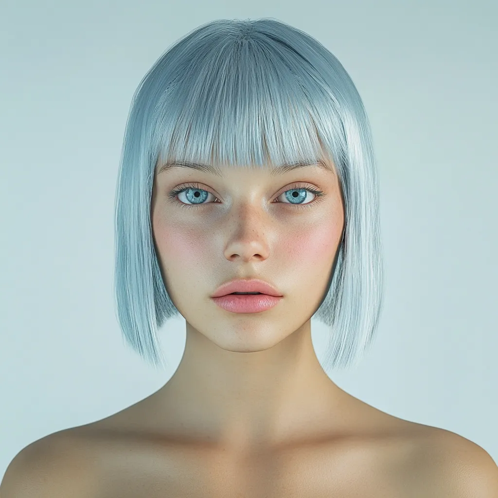 A young woman with a pale complexion stares directly at the camera. She has bright blue eyes, light pink lips, and her short, straight hair is a pale silvery blue. She has a slight dusting of blush on her cheeks. The background is a pale blue.  The image is simple and elegant.  The lighting is soft and diffused.