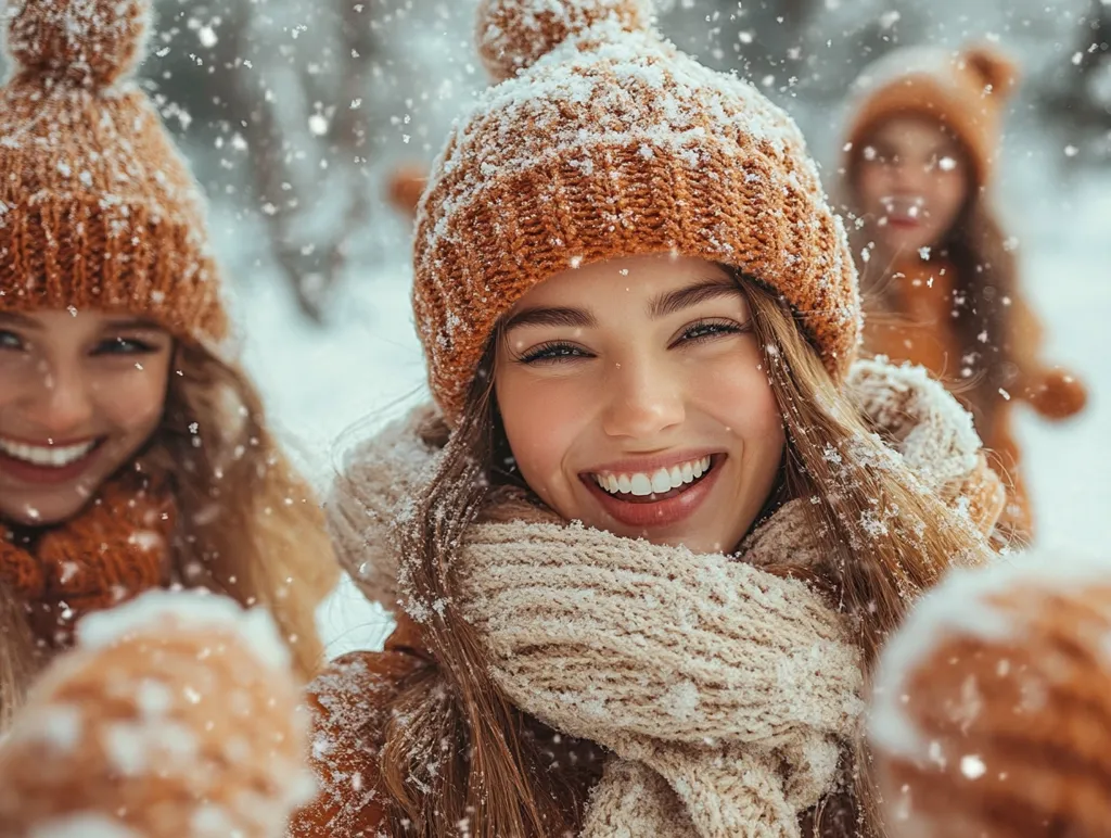 Two young women, both wearing brown knit hats and scarves, are laughing and playing in the snow. The woman in the foreground is smiling broadly with her eyes closed. The woman in the background is looking at the camera with a playful expression. Snow is falling around them.  The image captures the joy of winter.