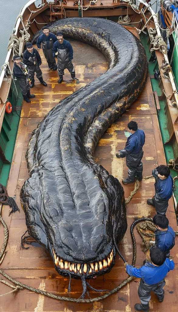 A massive, black, serpentine creature with a toothy maw is lying on the deck of a boat.  It's so large that it takes up most of the deck space, and multiple people are gathered around it, seemingly examining it.  The creature's long, sinuous body and large, sharp teeth are visible in the photo.  It appears to be dead.