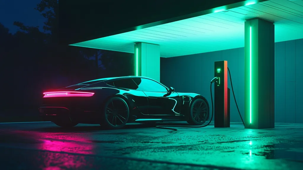 A sleek, black electric car is parked at a charging station, bathed in vibrant green and pink neon lights. The car's silhouette is highlighted against the dark background, creating a futuristic and stylish image. The charging cable is connected to the car, symbolizing the transition to sustainable transportation.  The overall scene is sleek and futuristic, showcasing the power and potential of electric vehicles.