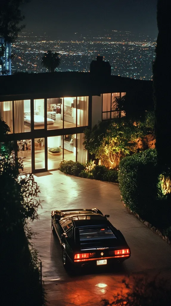 A sleek black sports car sits parked in the driveway of a modern, glass-fronted house overlooking a sprawling cityscape at night. The scene is bathed in warm, inviting light, creating a sense of luxury and sophistication. Lush greenery surrounds the property, adding a touch of nature to the urban setting.  The city lights twinkle in the distance, creating a dazzling backdrop for this nighttime tableau.  The image evokes a feeling of quiet opulence and a serene escape from the bustling city below.