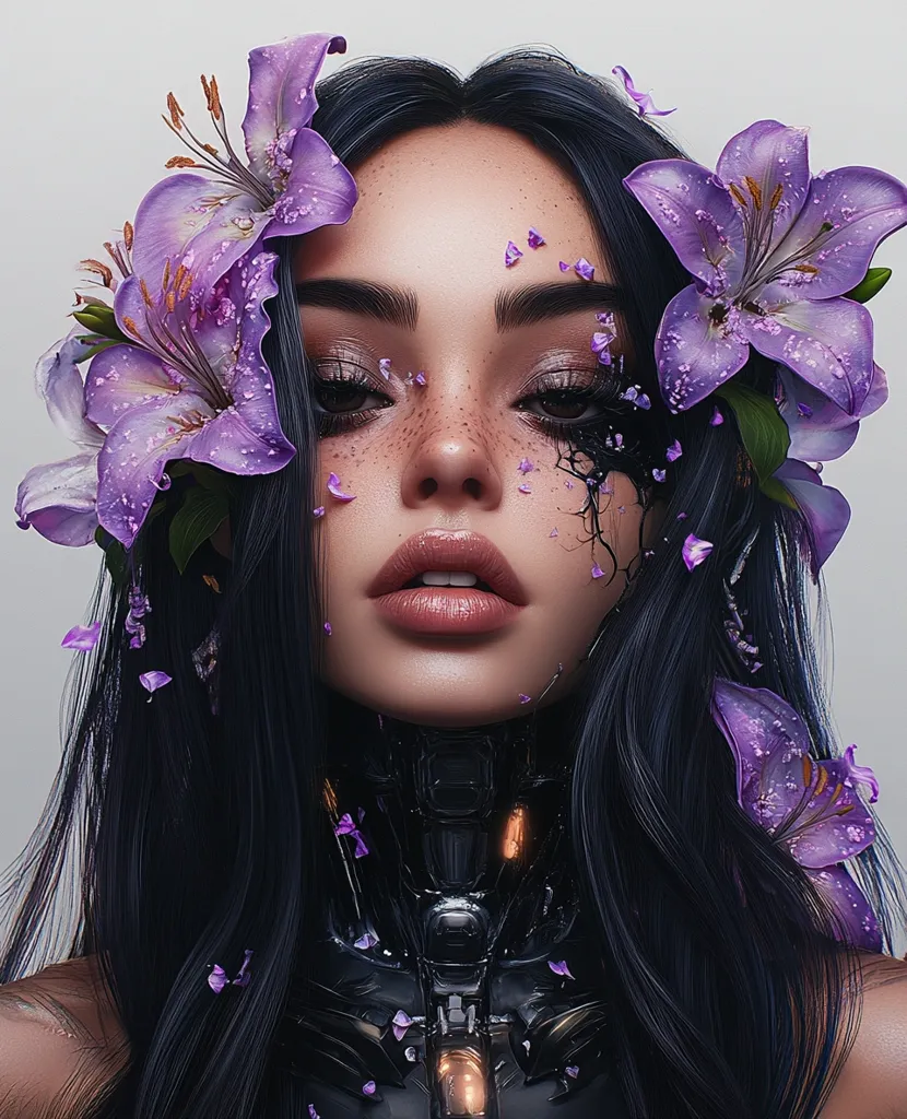 A young woman with long black hair is adorned with a crown of purple flowers. Her skin is fair, and she has large, dark eyes and a delicate, feminine face. She is wearing a black robotic collar around her neck. The image evokes a sense of beauty, mystery, and perhaps even a hint of danger.