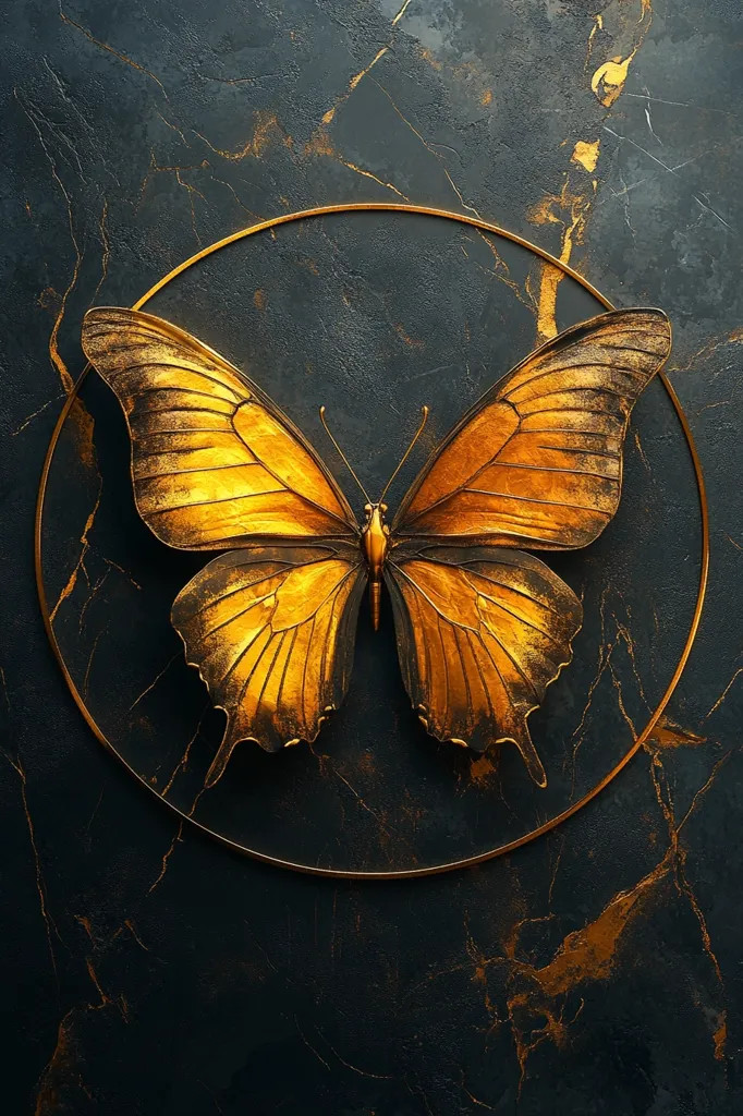 A golden butterfly with intricate details is centered in a circular frame on a dark, textured background. The butterfly's wings are spread wide, revealing its delicate veins. The background has a marbled look, creating a dramatic contrast with the golden butterfly.  The image evokes a sense of beauty and elegance.