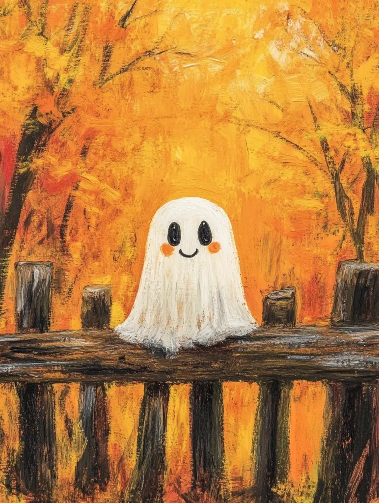 The painting depicts a friendly ghost with a wide smile, sitting on a wooden fence against a backdrop of vibrant fall foliage. The warm orange and yellow hues of the leaves create a cheerful and inviting atmosphere. The ghost's simple features and the playful brushstrokes add a whimsical touch to the scene.  The painting captures the spirit of autumn and Halloween with its charming and lighthearted depiction.