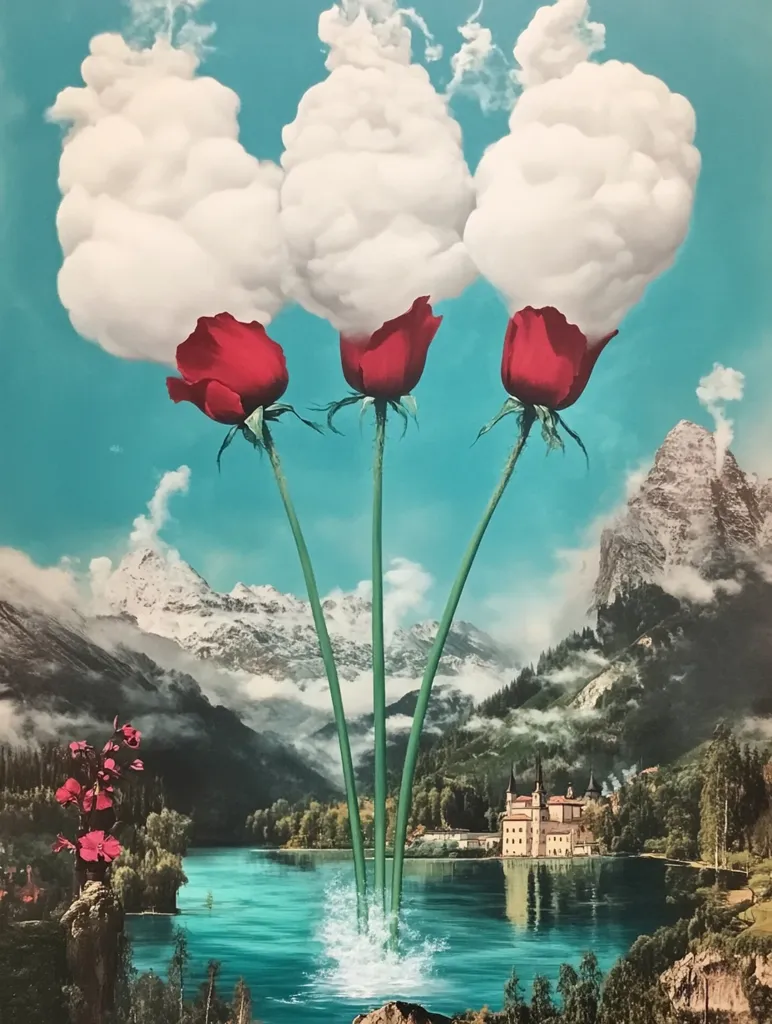 The image depicts three large red roses with white cloud-like blossoms emerging from their centers. The roses are growing from a lake in a mountainous landscape. In the background, a castle sits on the edge of the lake, with a reflection in the water.  The scene is surreal and dreamlike, with a whimsical touch.