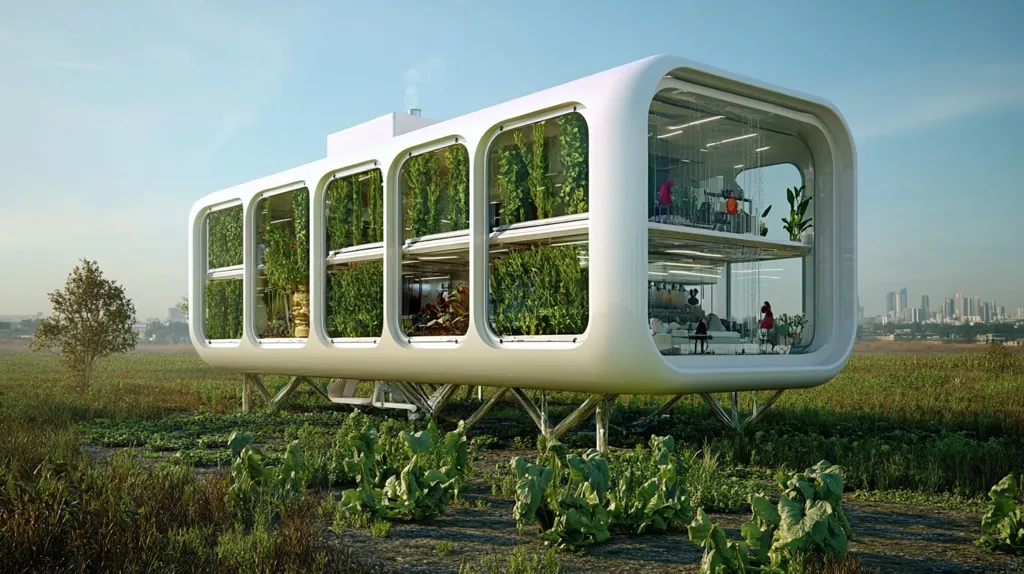 The image shows a futuristic, white, rounded house with large windows. The house is elevated off the ground and surrounded by lush greenery. The windows are filled with plants, indicating a focus on sustainable living. There is a city skyline in the distance, suggesting a contrast between urban and rural environments. The overall impression is one of modern design and ecological consciousness.