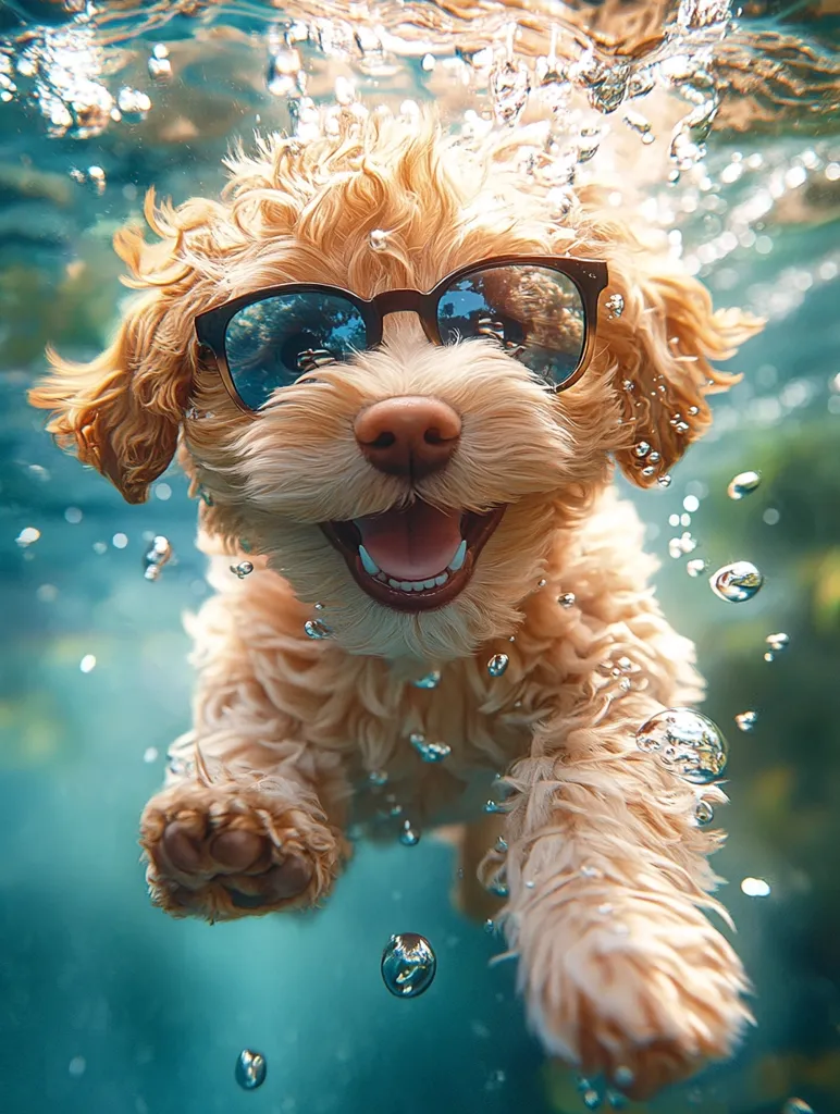 A fluffy, light brown dog with sunglasses is underwater, its head and paws visible. It has a happy expression with its mouth open and tongue out. Bubbles surround the dog, creating a playful and carefree scene. The water is a vibrant turquoise blue.
