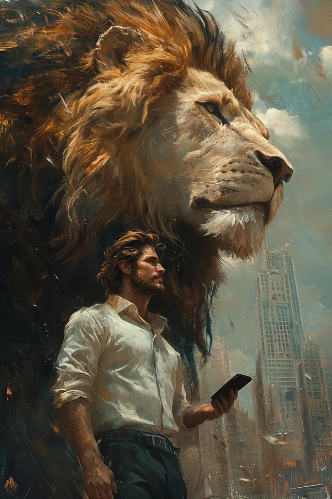 A man in a white shirt and dark pants stands next to a giant lion with a cityscape in the background. The man is holding a smartphone in his hand. The lion is looking towards the right side of the image, with a serious expression. The man is looking up at the lion, with a thoughtful expression. The background cityscape is blurred and out of focus. The image has a painterly style, with soft edges and brushstrokes visible. The overall tone of the image is mysterious and slightly ominous.