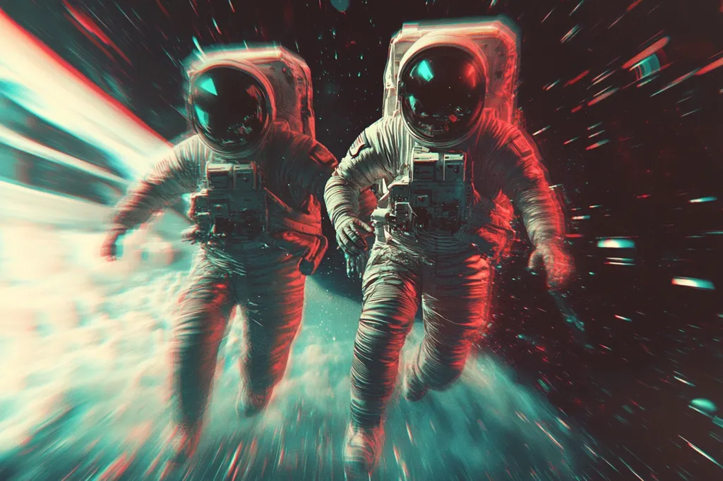 Two astronauts in white spacesuits with glowing red and blue accents run through a space tunnel. The tunnel is filled with streaking lights and a swirling, cloudy nebula. The scene is futuristic and dynamic, showcasing a sense of rapid movement and exploration. The astronauts' helmets are dark and featureless, adding to the mystery of their mission.  The overall mood is one of excitement and anticipation.