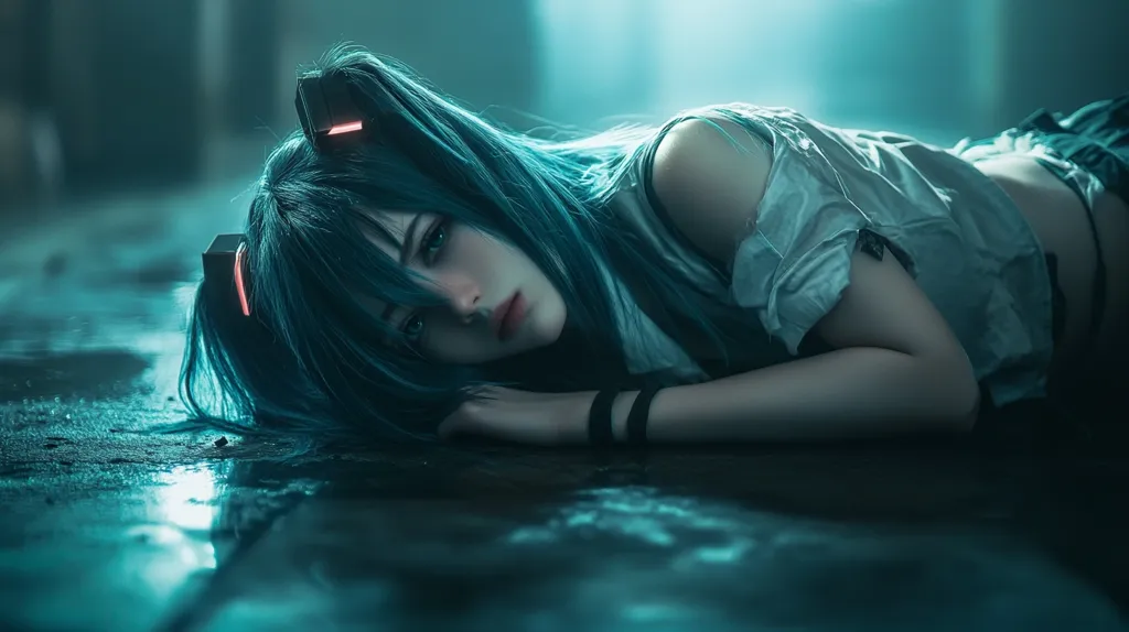 A young woman with long, vibrant blue hair lies face down on a wet, dark surface. Her hair is pulled back with black and red clips, and she wears a torn, white shirt. The cool blue light casts shadows and highlights her features, creating a moody atmosphere. Her gaze is downcast, and her expression is sorrowful. The overall effect is one of sadness and vulnerability.