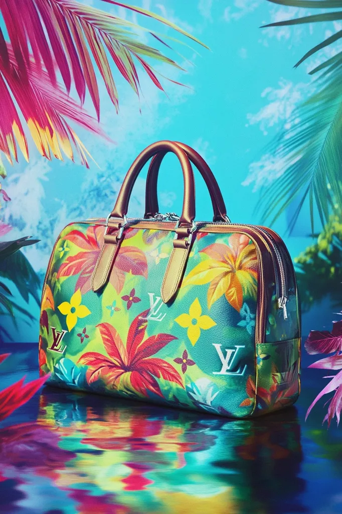 A colorful Louis Vuitton handbag with a tropical floral print sits on a blue, reflective surface. The handbag's brown leather handles and the LV logo are visible. Palm fronds frame the handbag, creating a summery, exotic atmosphere. The image evokes a sense of travel and luxury.