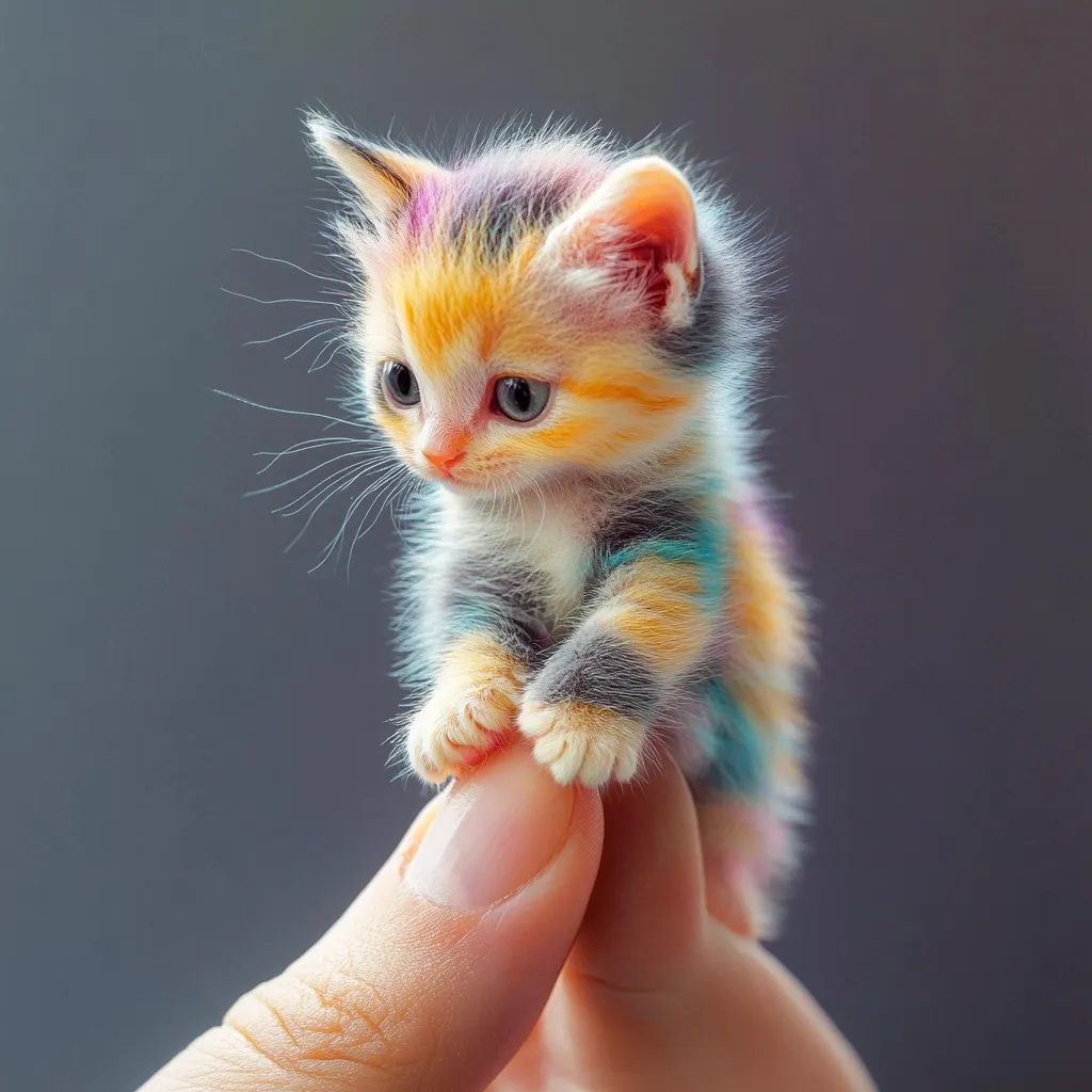 A tiny, colorful kitten with orange, white, and blue fur is being held by a hand against a gray background. The kitten's big, blue eyes stare at the camera with a sweet and innocent expression. Its small paws and delicate features make it appear incredibly fragile. The image captures the irresistible cuteness of a newborn kitten.