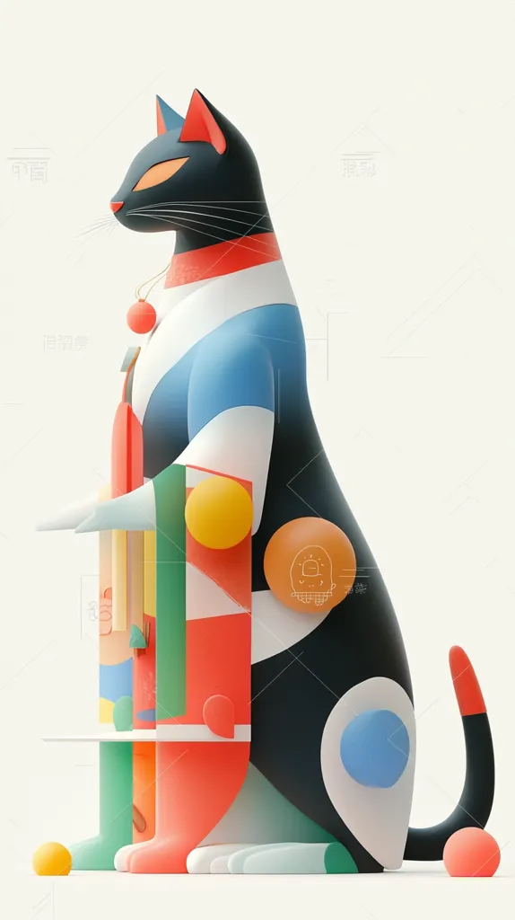 A black cat with a white, blue, and red geometric pattern sits on a white background. It is holding a multi-colored object in its right paw. The cat has a blue circle on its side. There is a small orange ball on the ground below the cat's tail.  The image is created in a 3D style and has a playful, abstract feel.