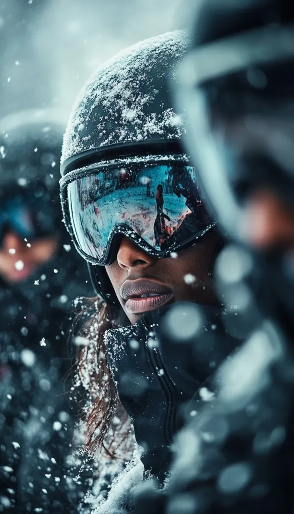 A woman wearing a black ski helmet and goggles stands in a snowy landscape, her face partially obscured by the reflection in her goggles. She is surrounded by falling snow, creating a dreamy and atmospheric image. Her expression is serious and focused, suggesting a sense of adventure and determination. The image captures the beauty and thrill of winter sports, highlighting the close connection between the woman and the natural world.