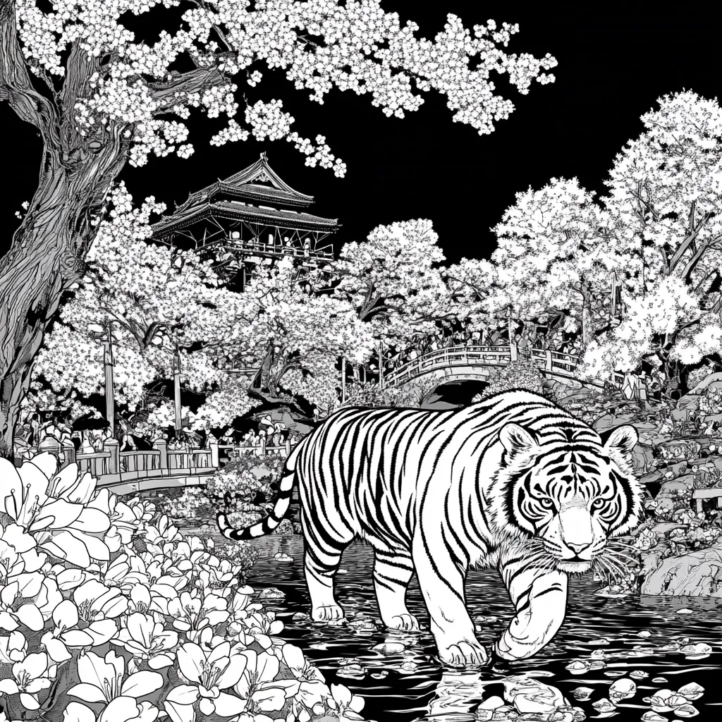 A tiger walks through a black and white illustration of a Japanese garden. Cherry blossoms bloom overhead, and a traditional Japanese building is visible in the background. The tiger is walking on a bridge over a stream. The image is a blend of nature and architecture, creating a sense of peace and tranquility.