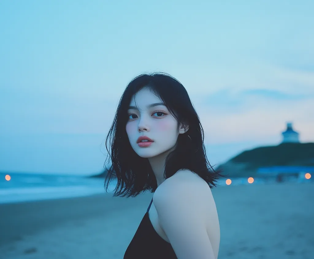 A young woman with dark hair stands on a beach, her back to the camera, looking over her shoulder. Her skin is fair and her eyes are large and dark. The background is a hazy blue, with the ocean and a distant building barely visible. The image is soft and dreamy, with a hint of melancholy.  The woman’s simple black top and the cool color palette give the image a sense of calm and serenity.  The overall effect is one of quiet beauty and introspection.