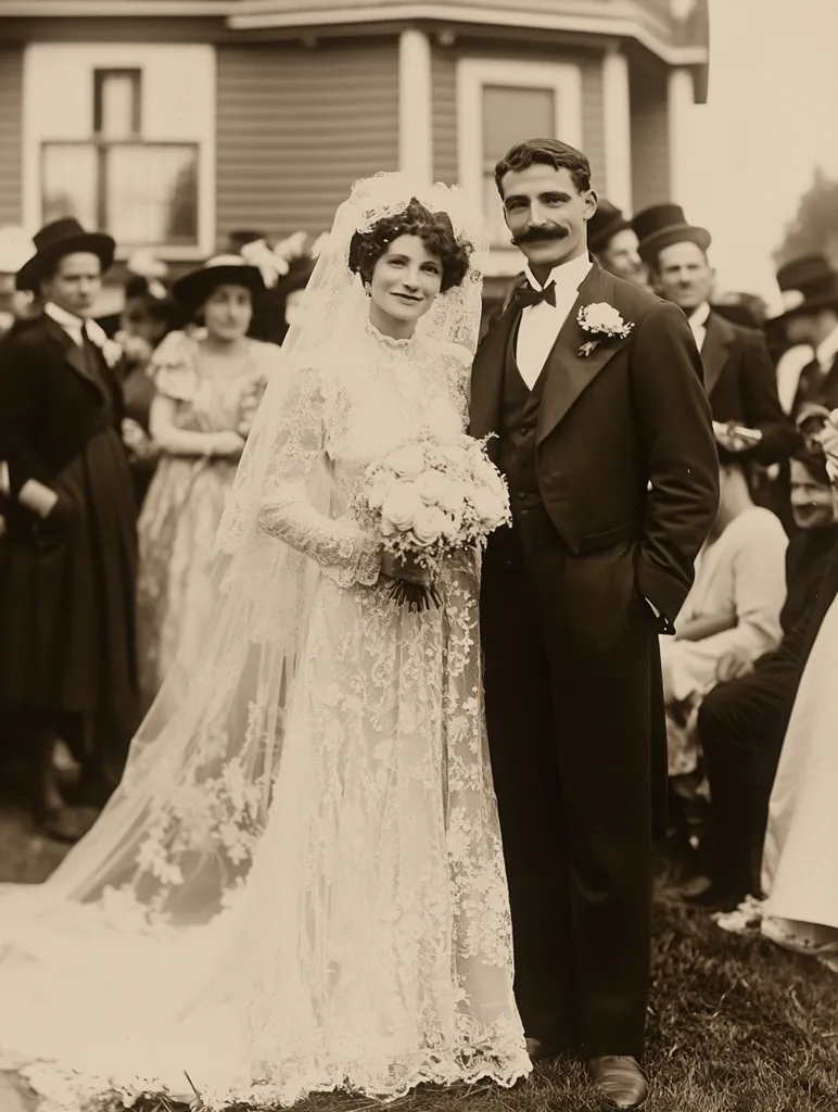 A newlywed couple stand in front of a house with a group of guests in the background. The bride wears a long, lace dress and veil, while the groom wears a tuxedo and a large mustache. They hold a bouquet of flowers together, smiling for the camera. The image is in black and white, giving it a vintage feel.