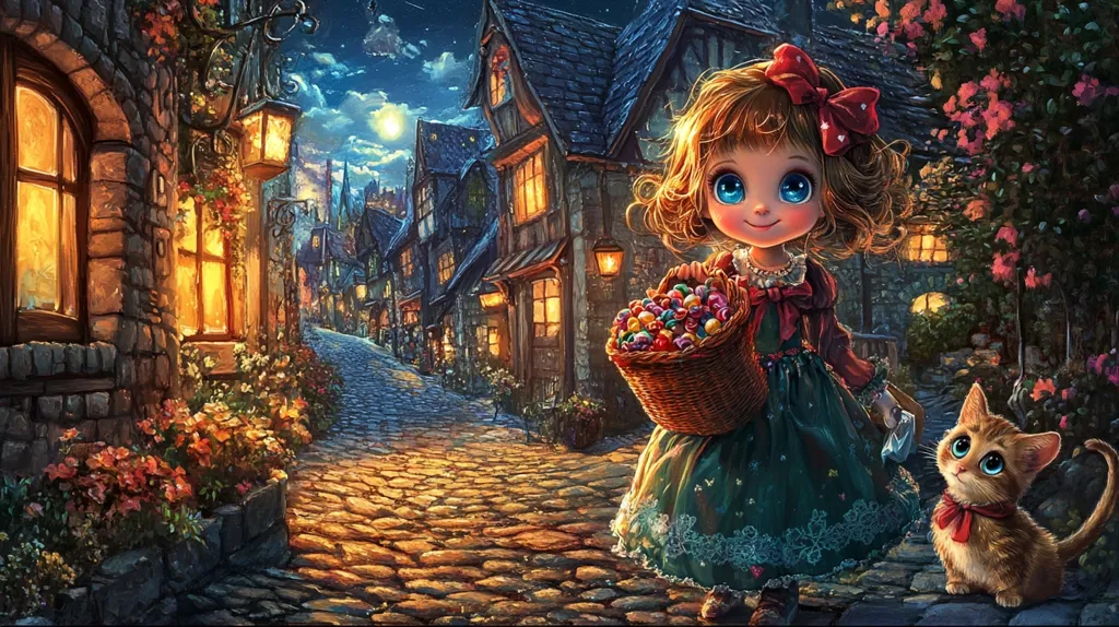 A young girl with large blue eyes and a red bow in her hair walks down a cobblestone street in a quaint village. She carries a basket filled with colorful treats and is accompanied by a small orange kitten with equally large eyes. The scene is illuminated by warm streetlights and a moonlit sky.  The village houses are cozy and charming, with glowing windows and flower boxes.  The image evokes a sense of whimsy and wonder.