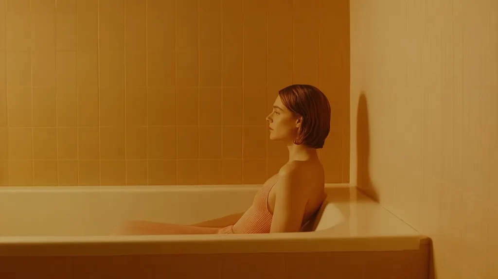 A young woman with short brown hair sits in a bathtub, looking off to the side. The bathroom is tiled in a warm yellow, creating a minimalist and calming atmosphere. The image is shot in a single, wide shot, emphasizing the stillness of the scene. The woman's relaxed posture and the muted lighting suggest a sense of peace and contemplation.