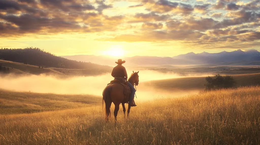 A lone cowboy rides horseback through a golden field at sunrise. The sun is just peaking over the distant mountains, casting a warm glow on the fog-filled valley below. The cowboy's silhouette is a small figure against the vastness of the landscape.  The image evokes a sense of peace and solitude.