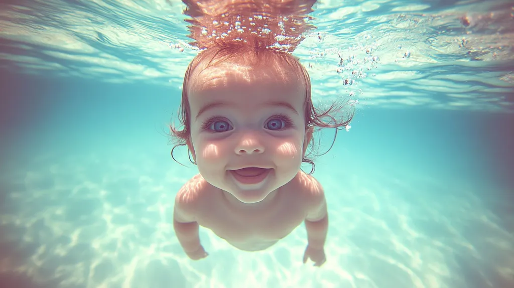 A baby with bright blue eyes and a wide smile is underwater, looking up at the camera. The water is clear and blue, with sunlight shining through. Bubbles surround the baby's head, creating a magical underwater scene. The baby's expression is joyful and innocent, capturing the wonder of childhood and the beauty of the underwater world.