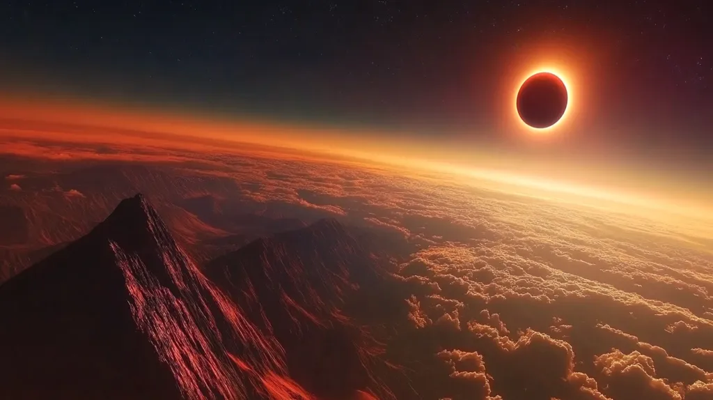 The image depicts a breathtaking view of a total solar eclipse from high above the clouds. The sun, completely covered by the moon, appears as a dark circle surrounded by a bright ring of light. The sky is a vibrant mix of orange and red, casting a warm glow over the clouds and the distant mountains below.  The scene is both awe-inspiring and serene, highlighting the beauty and mystery of the universe.