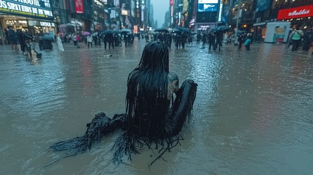 A lone figure with long black hair sits in the middle of a flooded city street, shrouded in darkness. Rain falls steadily, reflecting off the glistening water. Buildings loom in the background, their lights blurred by the downpour. The scene conveys a sense of solitude and isolation amidst urban chaos.