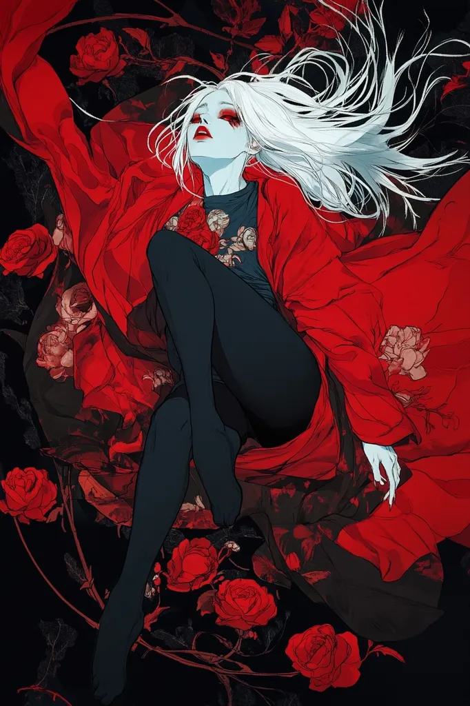 A young woman with long white hair lies in a bed of red roses. She is wearing a red robe and black tights. Her skin is pale and her eyes are wide. The image has a dark and mysterious feel. The woman's expression is one of sadness or longing. The roses surrounding her create a sense of beauty and fragility. The image is full of contrast, with the dark background and the bright red roses.