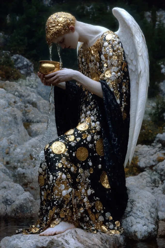 The image depicts a woman with white wings, sitting on a rock by a stream. She is wearing a black and gold dress and pouring water from a golden cup. The water is cascading down the rock in a gentle stream. The woman's wings are spread behind her, framing her in a soft light. The background is a blurred forest scene. The overall tone of the image is ethereal and mystical.