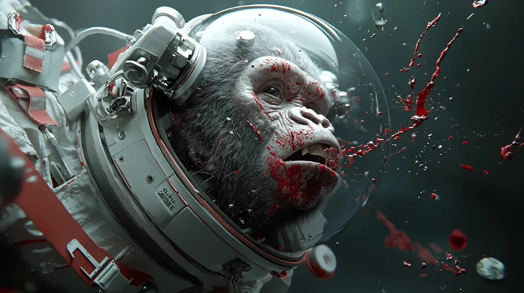 The image shows a close-up of a gorilla's face, covered in blood, inside an astronaut helmet. The helmet is cracked and blood is splattered across the background, suggesting a violent event. The gorilla's expression is one of pain and fear, with its mouth open in a scream. The overall scene is dark and disturbing, creating a sense of dread and uncertainty.