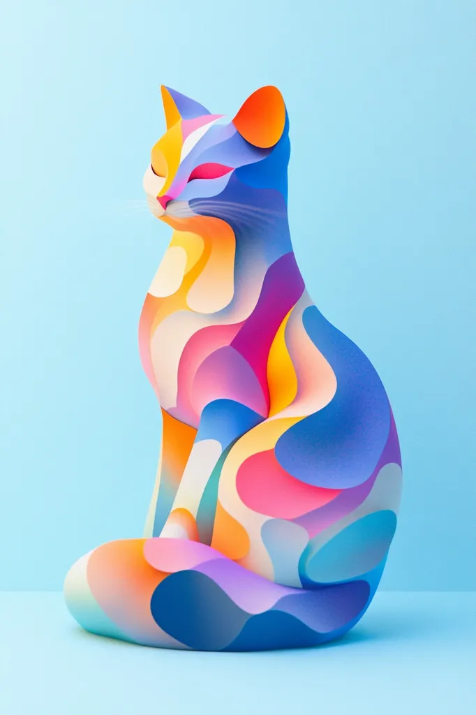 A colorful, abstract cat sits on a light blue background. The cat's fur is made up of overlapping shapes in shades of blue, pink, yellow, and orange, creating a dynamic and playful aesthetic. The cat's eyes are closed, giving it a serene and peaceful expression. The image is a unique and whimsical interpretation of a feline subject.