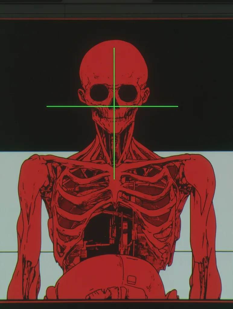 The image is a close-up of a skeletal figure, viewed from the chest up. The figure is rendered in a stylized, almost cartoonish, red, with a dark outline and stark white background. It is  focused on the  chest cavity, with a ribcage, visible muscles, and a detailed anatomical look.  The figure is centered with a green crosshair overlaid on it.  It has a dark, almost sinister, aesthetic.  The image is likely from a film or animation.