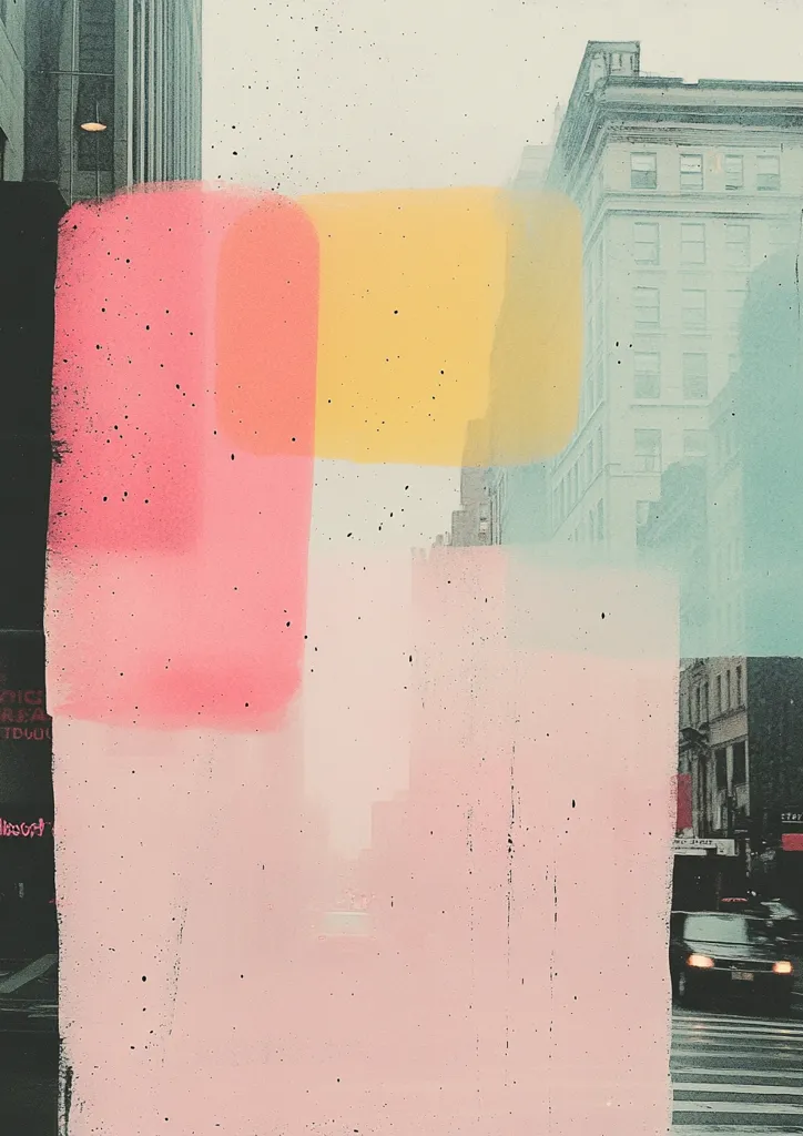 A city scene obscured by a  large, abstract, pink, yellow, and orange graphic overlay.  The graphic appears to be painted or drawn.  The city buildings in the background are out of focus.  The city is seen through a window or glass pane. A car drives on the road below.  The image appears to be a photograph that has been edited.  The graphic overlay gives the photo an abstract and modern feel.