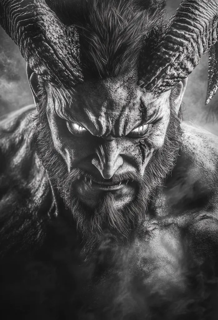 The image is a close-up, black and white portrait of a demonic figure. The figure has large horns, a thick beard, and piercing eyes. The image is dark and ominous, creating a sense of fear and danger. The figure's expression is intense and focused, suggesting that he is ready for battle.  The figure's muscles are visible beneath his skin, suggesting that he is strong and powerful. The image is framed by smoke, which creates a sense of mystery and intrigue.
