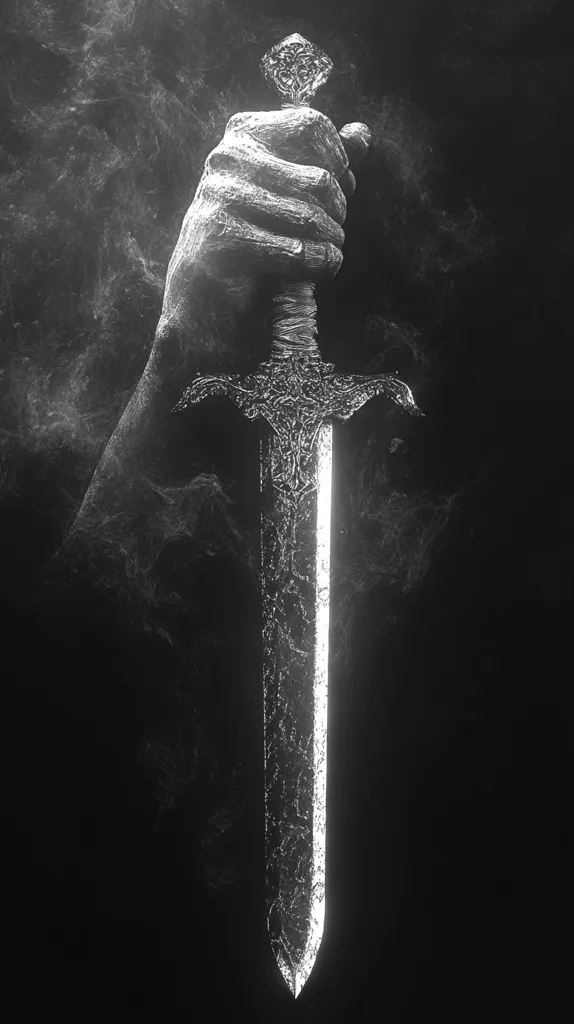 A hand, partially obscured by smoke, grips a detailed, ornate sword. The sword is the focal point, its metallic surface reflecting light. The image has a dark, shadowy background with hints of white smoke, creating a mysterious and slightly eerie atmosphere.  The composition suggests power, strength, and a sense of hidden potential.