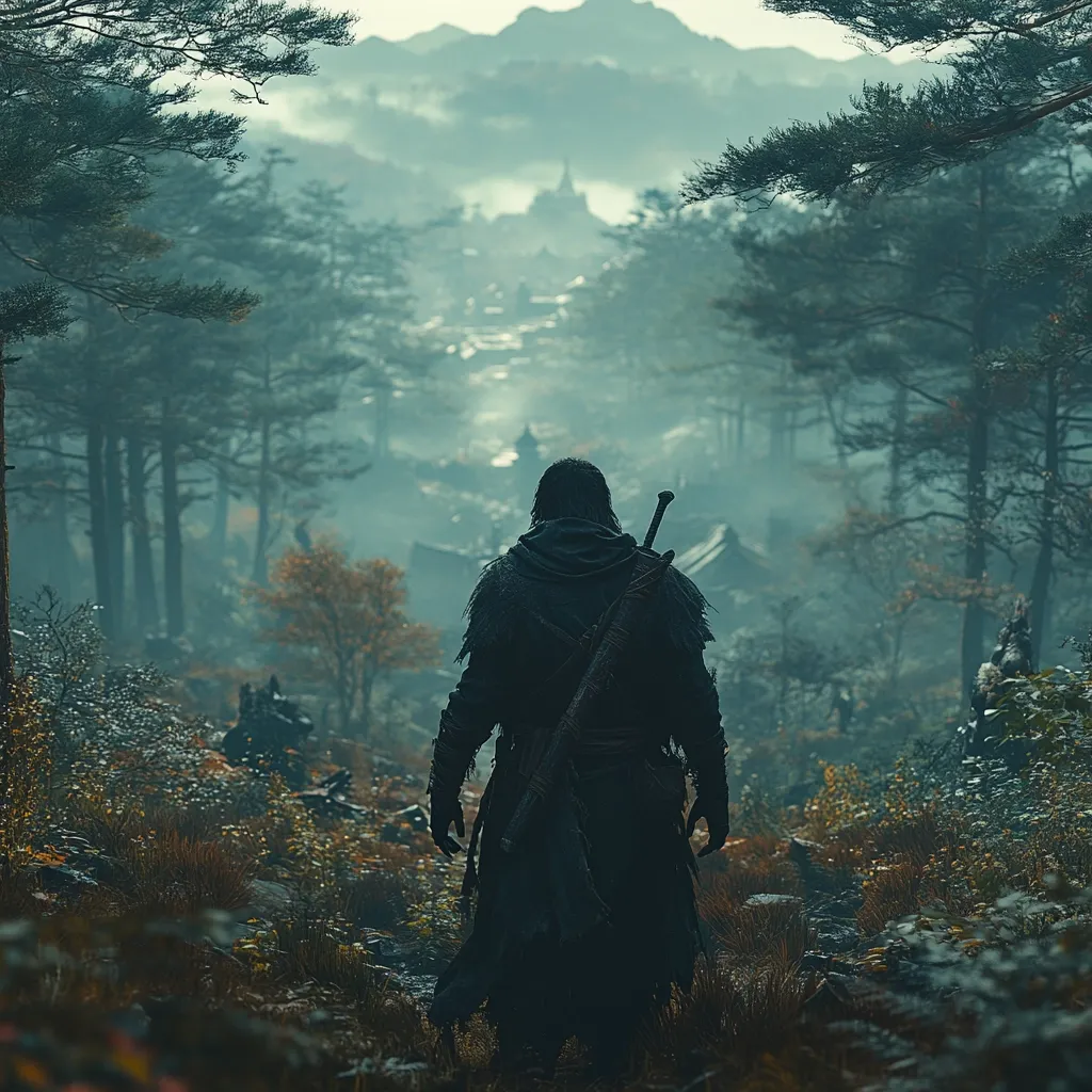 A lone figure in a hooded cloak and carrying a sword stands in a forest, facing away from the viewer. The figure looks towards a distant village nestled in a valley shrouded in mist.  The forest is thick and lush, with towering trees that seem to embrace the path ahead. The scene is a mystical and evocative one, hinting at a journey of discovery or a confrontation with danger.