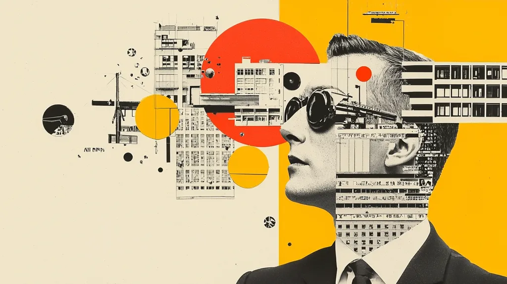 A man in a suit and sunglasses is depicted in a collage style artwork. His head is composed of multiple architectural structures, windows and geometric shapes. The background is a mix of yellow and white with a large red circle and smaller yellow circles, creating a visually abstract and modern feel.