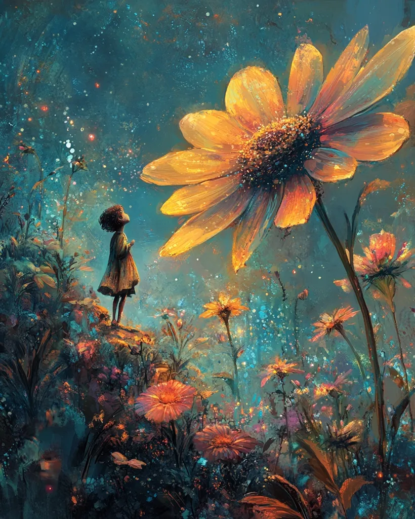 A little girl in a yellow dress stands in a field of flowers, looking up in awe at a giant sunflower that blooms above her. The background is a blur of vibrant colors and twinkling lights, creating a dreamy atmosphere. The image evokes a sense of wonder and the beauty of nature.