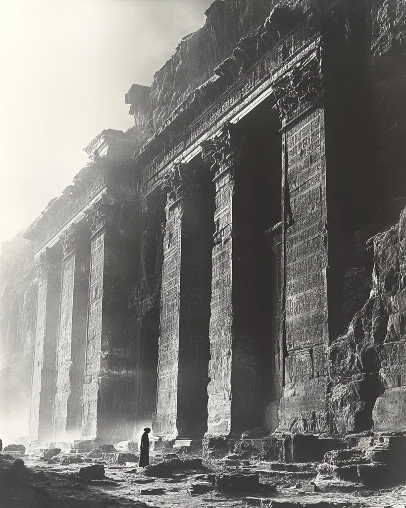 A black and white photograph captures the grandeur of an ancient temple. The image is dominated by a series of tall, weathered pillars, their surfaces adorned with intricate carvings. Sunlight streams through the pillars, creating a dramatic interplay of light and shadow. A solitary figure stands in the foreground, dwarfed by the monumental architecture, adding a sense of scale and perspective. The overall impression is one of awe-inspiring history and enduring resilience.