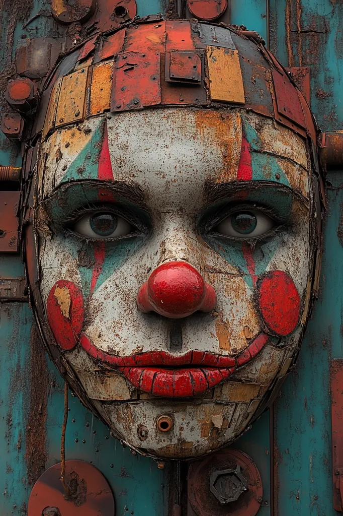 The image shows a clown's face constructed entirely from metal and rusty materials. The face is painted in traditional clown colors, with a red nose, white skin, and red lips. The eyes are large and wide, with a haunting expression. The metal pieces are arranged in a chaotic but somehow aesthetically pleasing way, creating a sense of both whimsy and unease. The background is a rusty blue metal, adding to the overall industrial and dystopian aesthetic.