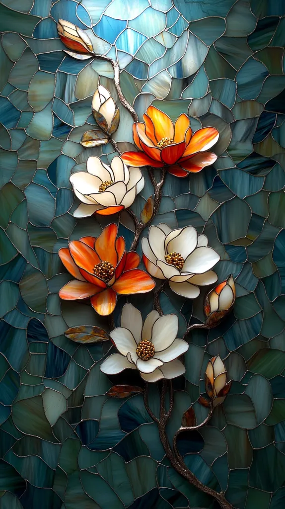 A stained glass artwork depicting a branch of magnolia flowers against a blue background.  The flowers are a mix of white and orange, with intricate details in the glass. The background is a mosaic of small blue and green glass pieces, giving the artwork a textured feel.
