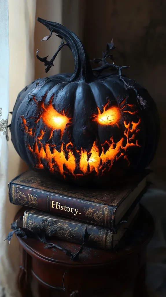 A black, intricately carved pumpkin with glowing eyes and a wide, toothy grin sits atop a stack of antique books. The top book is titled "History." The image has a dark, ominous, and somewhat gothic feel.