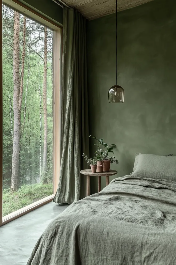 A minimalist bedroom with a green color scheme. A large window looks out onto a lush green forest. The bed is made with soft, wrinkled linens, and a simple pendant light hangs from the ceiling. The room is accented with potted plants and a wooden side table. The overall feeling is calm and serene.