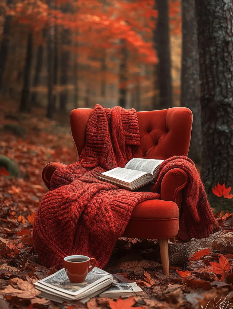 A cozy red armchair sits in a forest, surrounded by fallen autumn leaves. A red blanket covers the chair and a book rests on its armrest. A cup of coffee sits on a stack of books beside the chair, creating a perfect fall reading nook. The warm colors of the leaves and chair create a sense of comfort and tranquility.