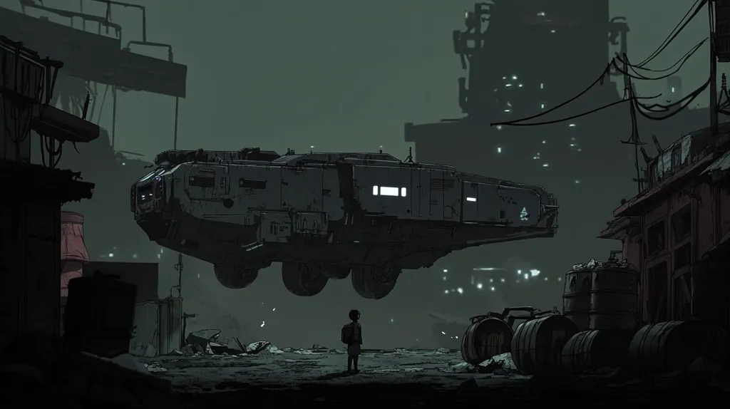 A large, futuristic vehicle hovers over a desolate city street. The vehicle is dark grey with large windows and a rounded, sleek design. The city is rundown and dark, with only a few flickering lights visible in the distance. A small, solitary figure stands in the middle of the street, looking up at the vehicle. The image evokes a sense of loneliness and isolation.