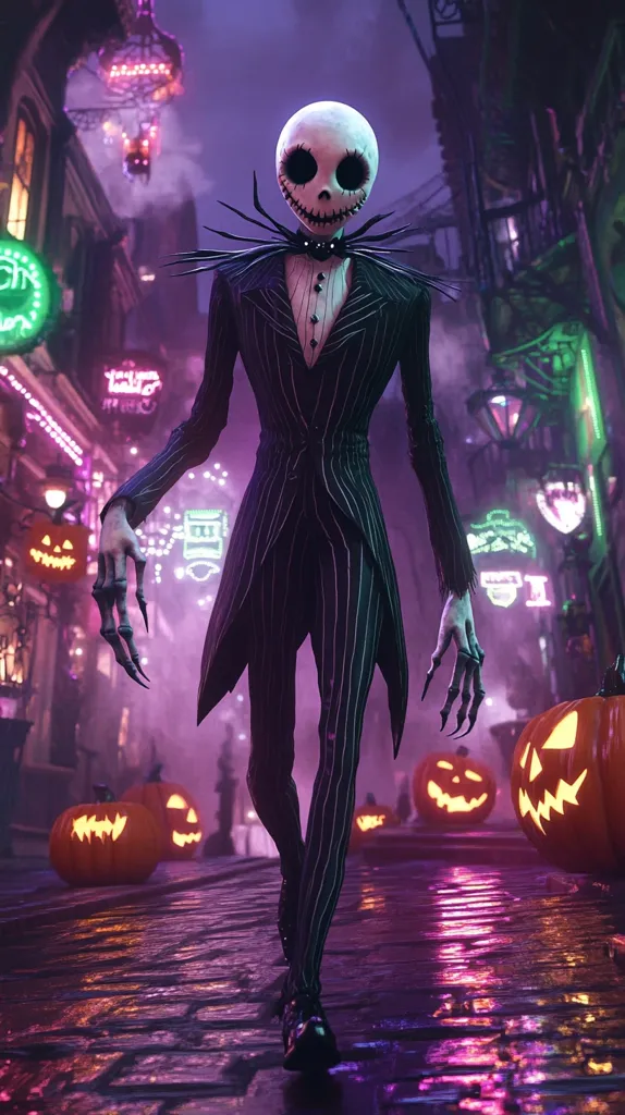 A figure resembling Jack Skellington from "The Nightmare Before Christmas" walks down a cobblestone street lined with glowing jack-o-lanterns. The character is dressed in a black pinstripe suit with a white collar and a black bow tie. The street is lit by neon lights and the air is thick with a purple haze. The image evokes a spooky and festive atmosphere, capturing the essence of Halloween.