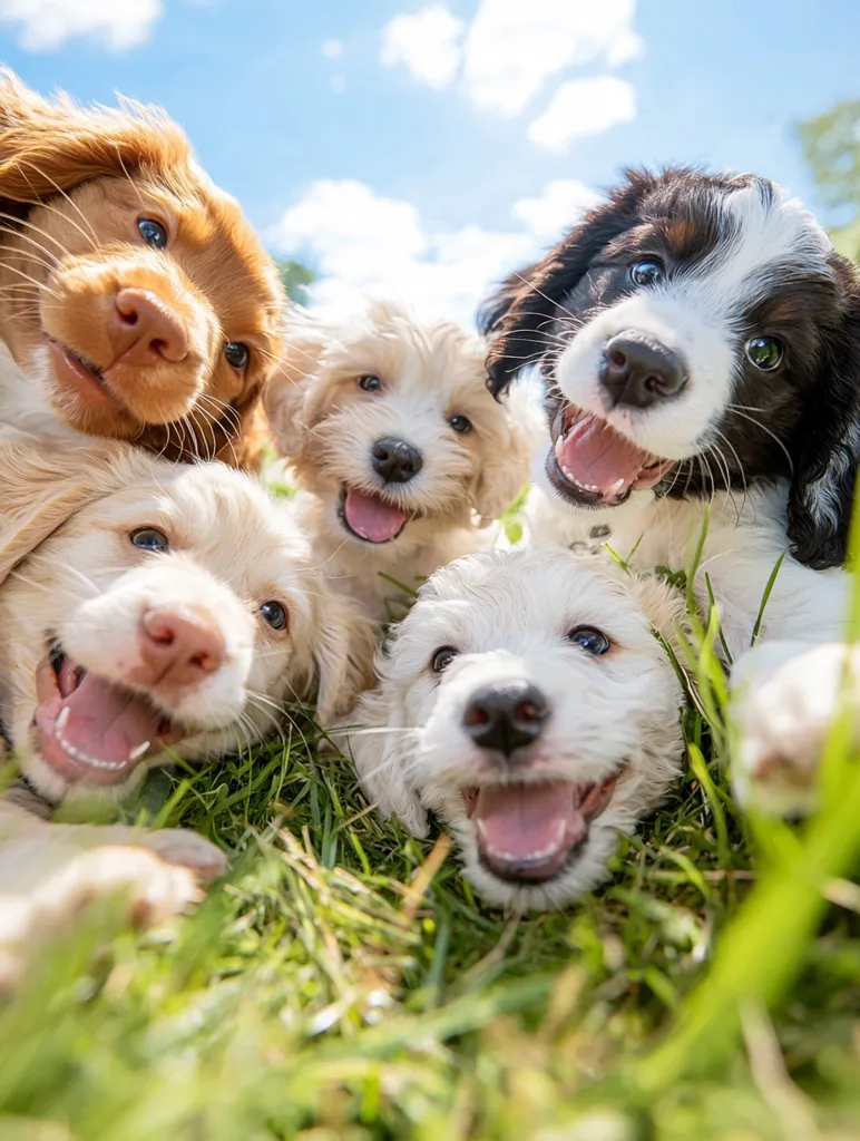 Five adorable puppies are nestled together in lush green grass. They are all smiling with their tongues out, revealing their pearly white teeth. The puppies are different breeds and colors, adding to their charm. They are enjoying a sunny day together, their happy faces radiating joy and playful energy. The background features a bright blue sky with fluffy white clouds, completing the idyllic setting.