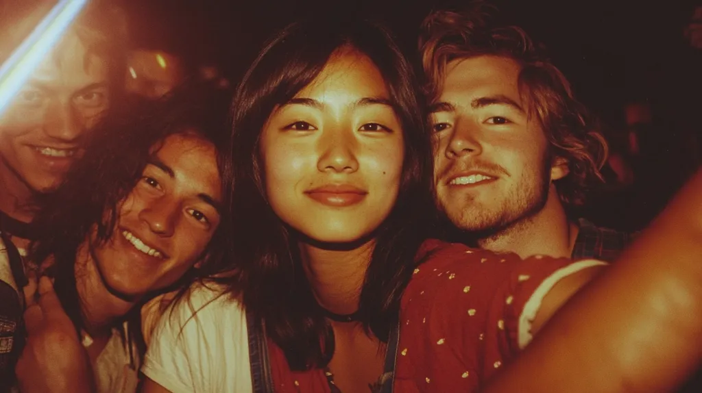A group of four young adults are posing for a photo. The woman in the center is smiling, her long dark hair cascading over her shoulders. She's wearing a red and white patterned shirt. The young man on the right is smiling too, his long hair framing his face. Behind them, two other young men are smiling and looking directly at the camera. The photo is taken in a warm, dimly lit environment, and the light is casting a glow on the subjects' faces.