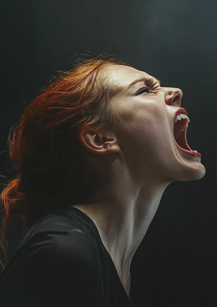 A woman with long, red hair is screaming with her mouth wide open and her eyes squeezed shut. Her head is tilted back and her neck is stretched, suggesting intense emotion. The dark background emphasizes the dramatic lighting, which highlights her features.  The image conveys a raw and powerful moment of unfiltered emotion.