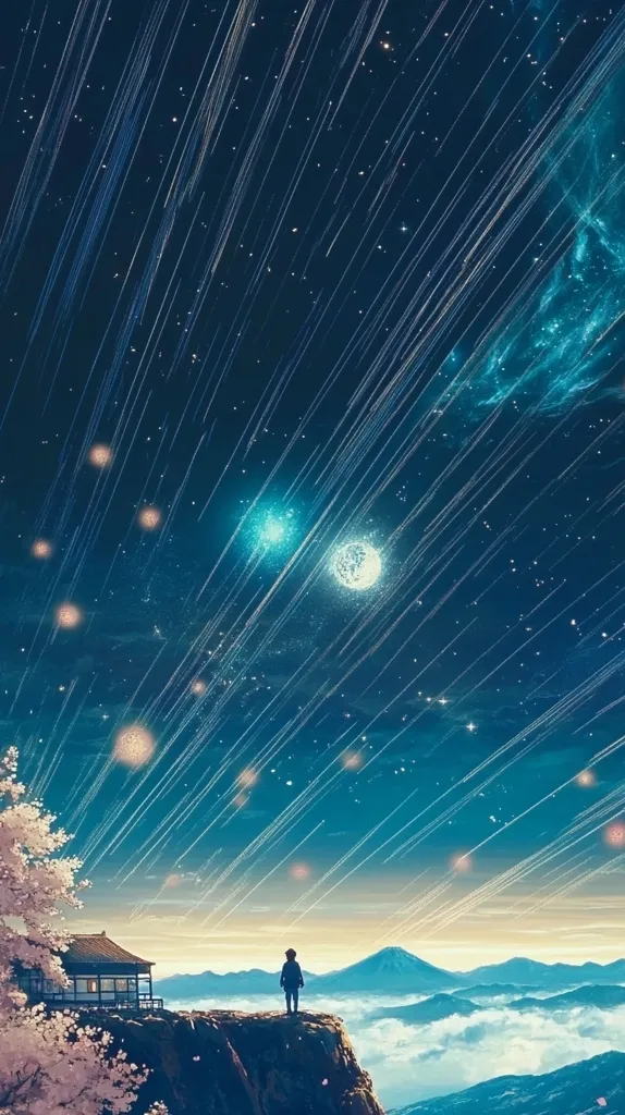 A lone figure stands on a cliff, gazing at a night sky filled with shooting stars. The sky is a deep blue, dotted with twinkling stars and two bright orbs.  The cliff is covered in pink cherry blossoms, adding a touch of color to the scene. In the distance, a mountain peak is barely visible through the clouds. The overall image evokes a sense of tranquility and wonder.